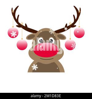 Das Zeichentrickhirsch mit roter Nase ist mit Weihnachtsbällen verziert. Rentiere auf weißem Hintergrund. Stock Vektor