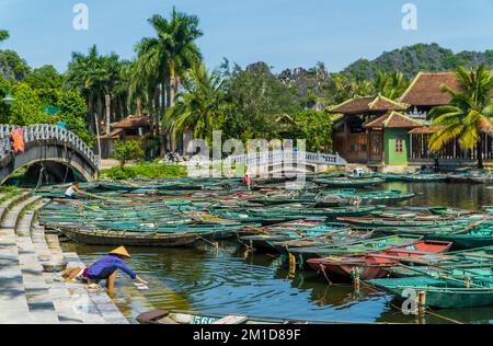 Boote auf dem Fluss Tam CoC bei Ninh Binh, Vietnam Stockfoto