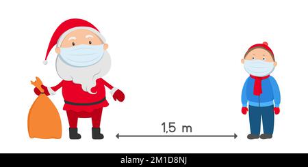 Poster ZUR SOZIALEN DISTANZIERUNG. Weihnachtsmann und Junge in medizinischen Masken. Vektordarstellung. Stock Vektor