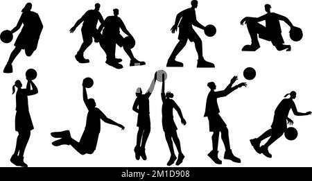 Silhouetten für Basketballspieler. Ein Satz Sportler-Charaktere spielen Dribble-Jump-Block-Pass-Ball, Sportturnier-Konzept. Vektorsammlung Stock Vektor