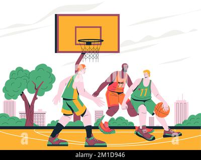 Abbildung eines Basketballspiels. Cartoon-Spieler spielen Ball auf dem Freiluftplatz mit Korb, Sportkonzept mit Stadtlandschaft. Vektor Stock Vektor