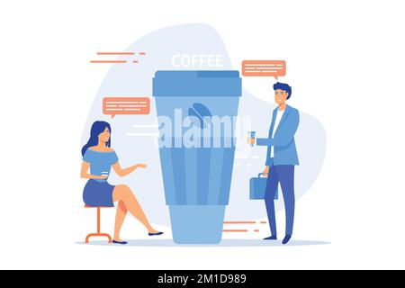 Mittagspause, Kommunikation der Büroangestellten. Erholung von der Arbeit, Kollegen trinken heiße Erfrischung. Kaffeepause, geringe Energie, Müdigkeit und energetisierende Konzept Stock Vektor