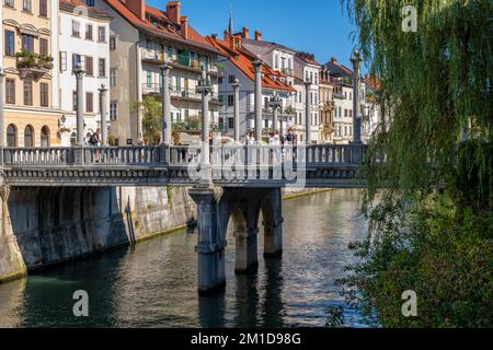 Die Cobblers Bridge (Schuhmacherbrücke, Sustarski Most) in Ljubljana, Slowenien. Fußgängerbrücke in die Altstadt, über den Fluss Ljubljanica. Stockfoto