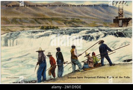 Fischrad und indianischer Lachs an den Celilo Falls am Columbia River, Oregon. Indianer haben unbefristete Fischereirechte an den Wasserfällen. , Wasserfälle, Tichnor Brothers Collection, Postkarten der Vereinigten Staaten Stockfoto