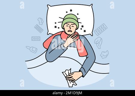 Ungesunder Junge mit Hut, Schal mit Kopfschmerzen, Fieber, laufende Nase, Halsschmerzen im Bett. Kranker Kerl leidet an Erkältung, Grippe, Tonsillitis oder Coronavirus. Darstellung der Vektorkonturlinie isoliert auf blau. Stock Vektor