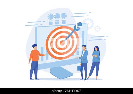 Großes Ziel, Manager und Mitarbeiter engagieren sich für die Unternehmensziele. Internes Marketing, Beförderung von Unternehmenszielen, Konzept der emotionalen Mitarbeiterbindung, flacher Vektormodus Stock Vektor
