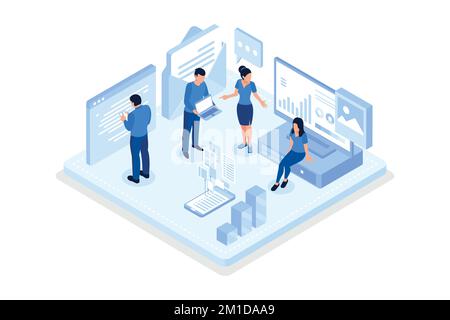 Mitarbeiter arbeiten in der Webbranche zusammen. Kann für Webbanner, Infografiken, Hero-Bilder und isometrische Vektorgrafiken verwendet werden Stock Vektor