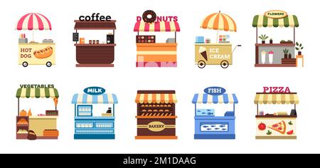 Straßenstand. Cartoon-Marktstand mit Obst, Gemüse, Meeresfrüchten, Kaffeeflumen, Festival lokaler Bauernwagen mit flachem Essen. Vektor isoliertes Set Stock Vektor