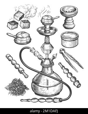 Orientalische Raucherbukka und Accessoires. Handgezeichneter Nargile, Shisha-Skizze isoliert. Vintage-Illustration Stockfoto