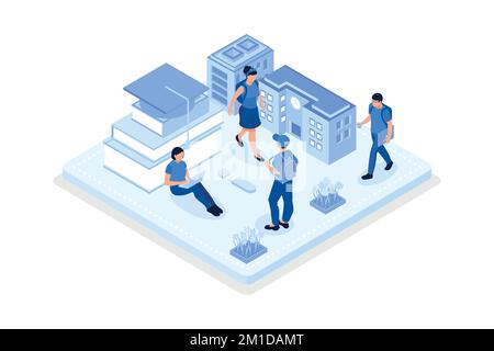 Studenten studieren online auf dem Universitäts- oder College-Campus. Mädchen und Jungen lernen zusammen mit Smartphone und Büchern. Fernunterricht – Technologie – Forts Stock Vektor