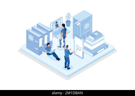 Schüler Lernen Englisch Online. Personen, die mit Smartphone, Büchern und Englisch lesen, zuhören und sprechen Stock Vektor