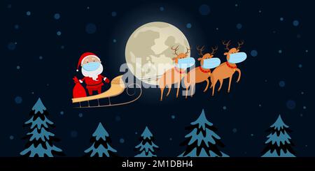 Der Weihnachtsmann in der medizinischen Maske fliegt auf einem Rentierschlitten bei Vollmond. Zeichentrickfilm. Vektordarstellung. Stock Vektor