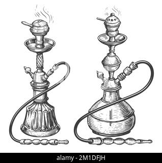 Hookah-Sammlungsskizze isoliert. Tabakraucherset. Handgezeichnete Vintage-Illustration Stockfoto