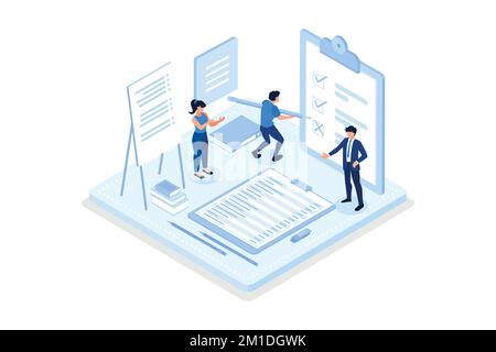 „People Character Holding“-Bleistift und „Putting Check Mark on Checklist“ im Umfrageformular. Notebook und Memory Stickers. Geschäftsorganisation und Planung C Stock Vektor