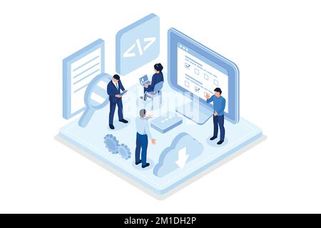 Personen, die Software entwickeln und Daten an den Cloud-Speicher senden. Entwickler programmieren und schreiben Programmcode. Entwicklungsprozess Kontra Stock Vektor