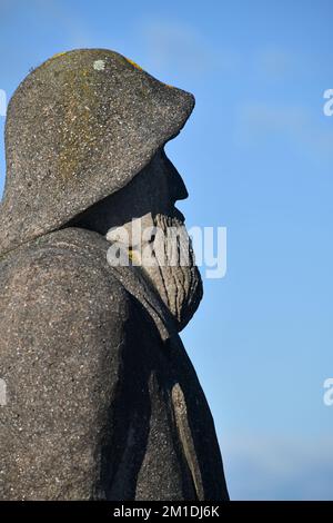 Detail einer Granitskulptur eines Goldbergmanns in Greymouth, Neuseeland, 2022 Stockfoto