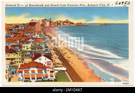 Allgemeiner Blick auf die Promenade und den Strand vom Ventnor Pier, Atlantic City, N. J. , Promenade, Strände, Tichnor Brothers Collection, Postkarten der Vereinigten Staaten Stockfoto