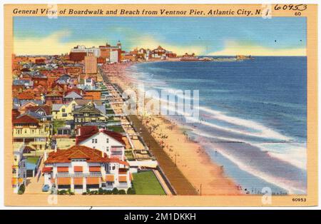Allgemeiner Blick auf die Promenade und den Strand vom Ventnor Pier, Atlantic City, N. J. , Promenade, Strände, Tichnor Brothers Collection, Postkarten der Vereinigten Staaten Stockfoto