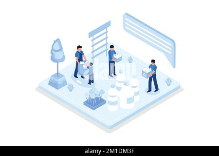 Zeichensammlung aus Kunststoff und anderen umweltschädlichen Abfällen. Eine Frau, die den Müll wegwirft. Plastische Verschmutzungsproblemkonzepte, isometrisch Stock Vektor