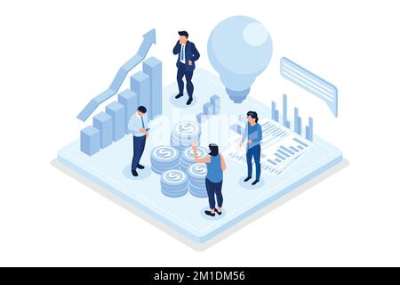 Menschen mit neuen kreativen Ideen für das Finanzmanagement. Sie stehen neben der Glühbirne mit Diagrammen, Diagrammen und Diagrammen. Finanzinnovation C Stock Vektor