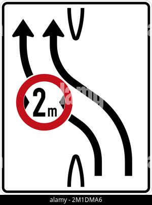 Dieses Zeichen zeigt das Ende einer Lanelanes an. Der gesamte Verkehr in dieser Lanediese Fahrspuren müssen in die angrenzende Lane übergehen. Wegweiser, Straßenschilder Ger Stock Vektor