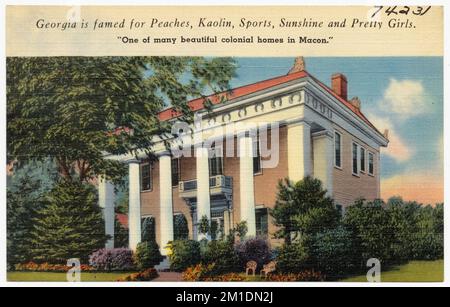Georgia ist berühmt für Pfirsiche, Kaolin, Sport, Sonnenschein und hübsche Mädchen. Eines der vielen schönen Kolonialhäuser in Macon. , Houses, Tichnor Brothers Collection, Postkarten der Vereinigten Staaten Stockfoto