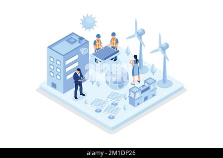 Nachhaltige ESG-Industrie mit Windmühlen und Solarenergiekollektoren. Umwelt-, Sozial- und Corporate-Governance-Konzept, isometrischer Vektor modern illu Stock Vektor