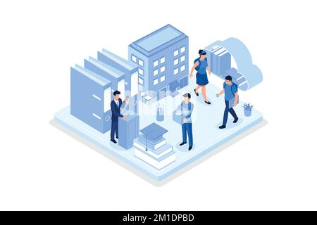 Studenten studieren online auf dem Universitäts- oder College-Campus. Mädchen und Jungen lernen zusammen mit Smartphone und Büchern. Fernunterricht Technologie conce Stock Vektor