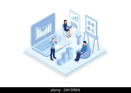 Charaktere analysieren Börsendaten und planen Investitionsstrategie. Personen, die Finanzdiagramme, -Diagramme und -Diagramme untersuchen. Aktienhandelskonzept Stock Vektor