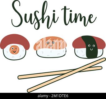 Sushi-Zeitkonzept. Sushi Kawaii und Zeichenvektordarstellung. Asiatisches Essensbanner. Sushi-Figuren und Inschrift Stock Vektor