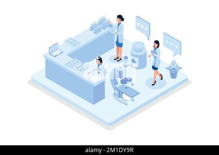 Arzt Apotheker in der Drogerie Punkte auf ärztliche Verschreibung. Medikamentenpillen, Kapseln und Flaschen liegen in der Nähe. Health Care and Pharmacy Concept, isom Stock Vektor