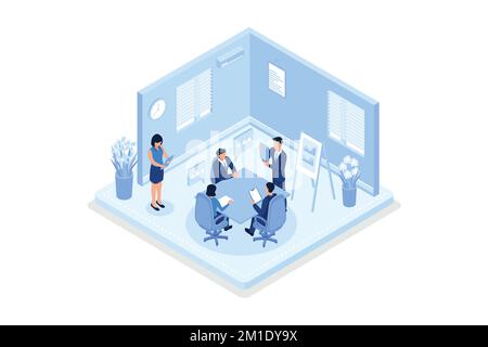 Geschäftsleute, Menschen, die mit Kollegen und Kunden sprechen, isometrische Vektordarstellung Stock Vektor