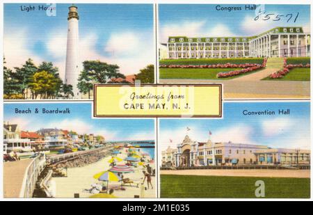 Grüße von Cape May, N. J. -- Leuchtturm, Kongresshalle, Strand und Promenade, Kongresshalle, Leuchttürme, Hotels, kommerzielle Einrichtungen, Strände, Promenade, Tichnor Brothers Collection, Postkarten der Vereinigten Staaten Stockfoto