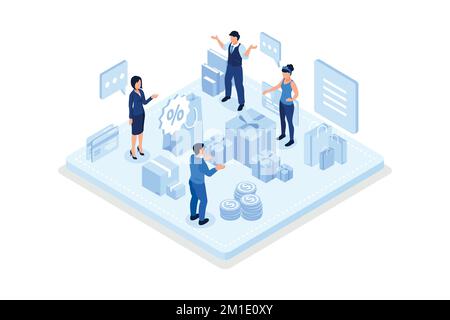 People Figuren stehen in der Nähe von Big Shopping Bag und haben einen Rabattgutschein. Belohnen Sie Geschenke und Geld für Einkäufe. Cashback und Customer Loyalty Pro Stock Vektor