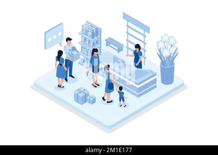 Die Leute warten in der Schlange im Supermarkt. Kann für Webbanner, Infografiken, Hero-Bilder und isometrische Vektorgrafiken verwendet werden Stock Vektor