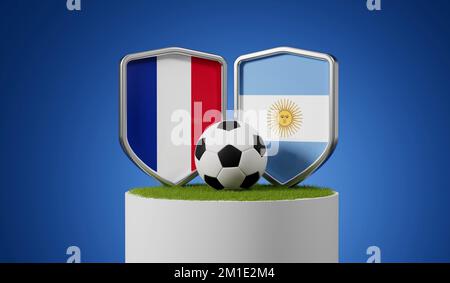 Fußball-Schild mit französischer Flagge gegen Argentinien und Fußballball auf einem Graspodium. 3D-Rendering Stockfoto