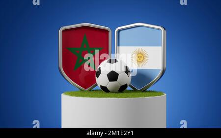 Fußball-Schild mit marokkanischer Flagge gegen argentinische Flagge und Fußballball auf einem Graspodium. 3D-Rendering Stockfoto