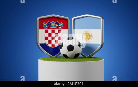 Kroatien gegen Argentinien Flaggen-Fußballschild mit Fußballball auf einem Graspodium. 3D-Rendering Stockfoto