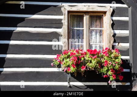 Mit roten Blumen dekorierten Fenstern eines alten Holzhauses Stockfoto