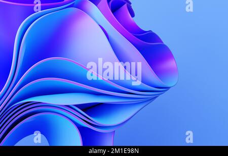 Abstrakter, moderner Neon-, Blau- und Violetfarbener Hintergrund mit Rüschen, gefaltetem Tuch Stockfoto