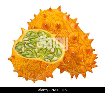 Kiwano isoliert auf weißem Hintergrund mit Beschneidungspfad Stockfoto