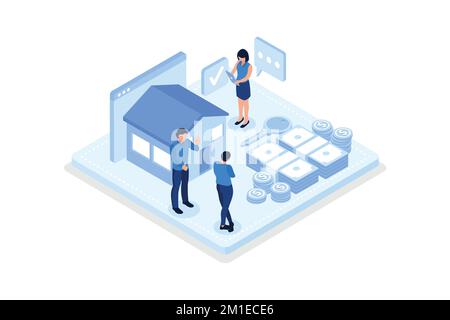 Hypothekenprozess, Zeichen, die Kontakt- und Rechtsdokumente lesen und Hausschlüssel erhalten, isometrische Vektordarstellung Stock Vektor