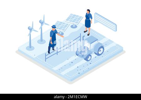Nachhaltigkeit, grüner Landwirtschaftsbetrieb mit Windmühlen und Solarenergiekollektoren, isometrische Vektordarstellung Stock Vektor