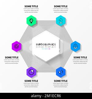 Infografik-Vorlage mit Symbolen und 6 Optionen oder Schritten. Sechskant. Kann für Workflow-Layout, Diagramm, Banner, webdesign verwendet werden. Vektorgrafik Stock Vektor