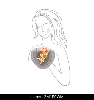 Trauriges Mädchen isst nachts zu viel, um mit Stress fertig zu werden. Eine dicke Frau isst in der Nähe des Kühlschranks und denkt an eine schlanke Figur. Weiblicher Charakter, der unter Essen leidet Stock Vektor