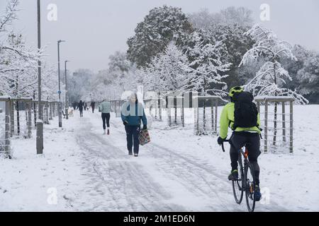 Britische Wettervorhersage, London, 12. Dezember 2022: Bei den Tooting Commons sind die Bäume und der Boden mit Schnee bedeckt, aber während der Hauptverkehrszeiten sind die Straßen klar, und Busse und Autos fahren frei. Es wurde über Verkehrsstörungen auf der Schiene und auf Flughäfen berichtet. Anna Watson/Alamy Live News Stockfoto