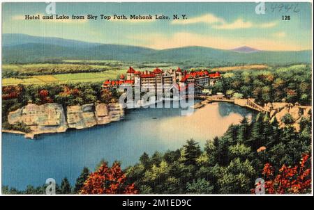Hotel und See von Sky Top Path, Mohonk Lake, N. Y. , Seen & Ponds, Hotels, Tichnor Brothers Collection, Postkarten der Vereinigten Staaten Stockfoto