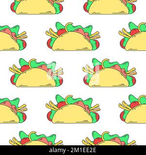 Mexikanische Vorspeise Tacos mit nahtlosem Muster. Farbenfrohe asiatische Küche im Hintergrund. Tortilla mit Gemüse und Fleisch. Druck für Textilien, Verpackungen, Papier Stock Vektor