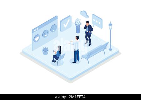 Feedback und Überprüfung, Kundenzufriedenheitskonzept, isometrische Vektordarstellung Stock Vektor