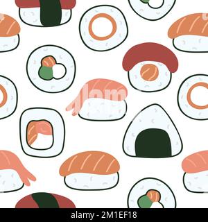 Sushi- und Sashimi-Hintergrund. Asiatische Gerichte mit nahtlosem Muster. Traditionelles japanisches Gericht. Drucken Sie Lebensmittel für Verpackungsdesign, Papier, Textilvektor Stock Vektor